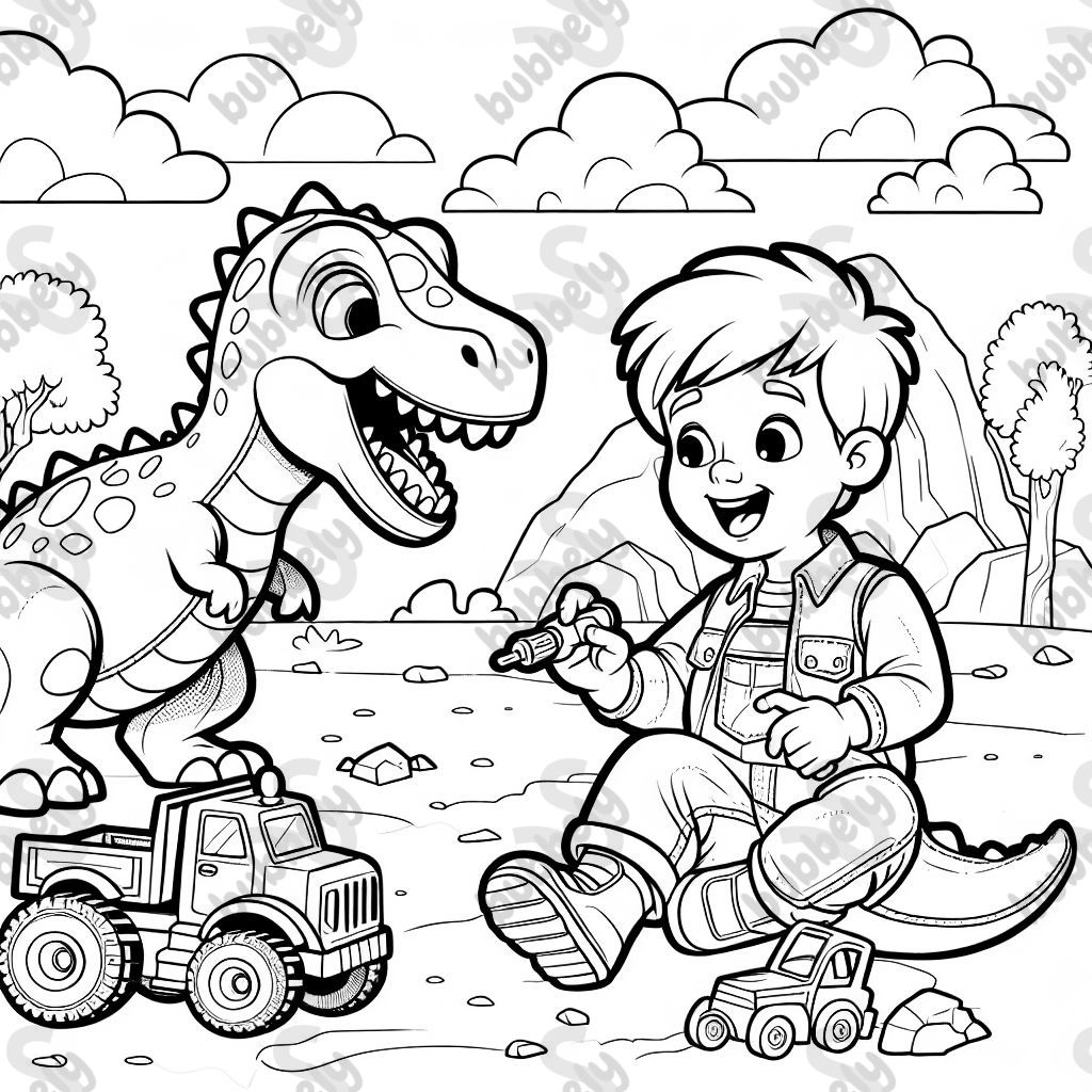 Young boy and a happy dinosaur playing with trucks