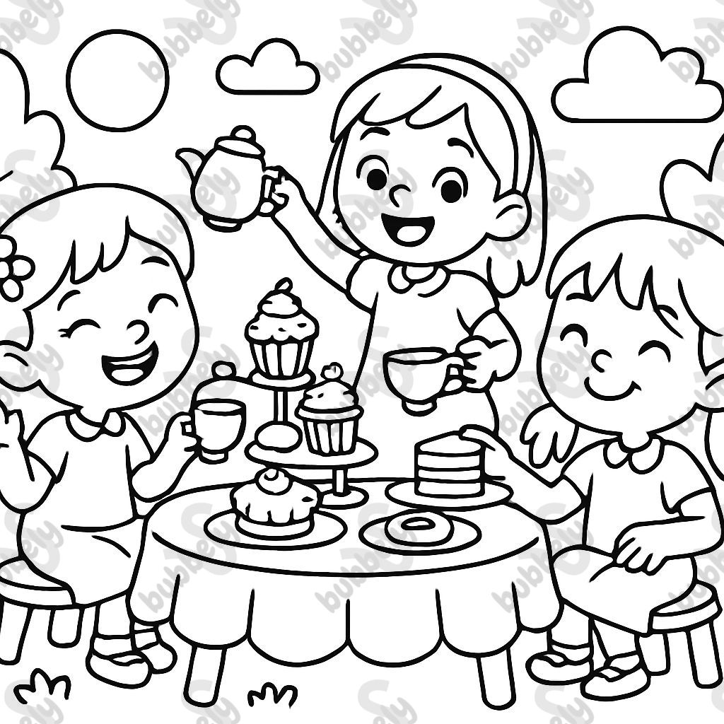 Three girls having a tea party outdoors with cakes and pastries.