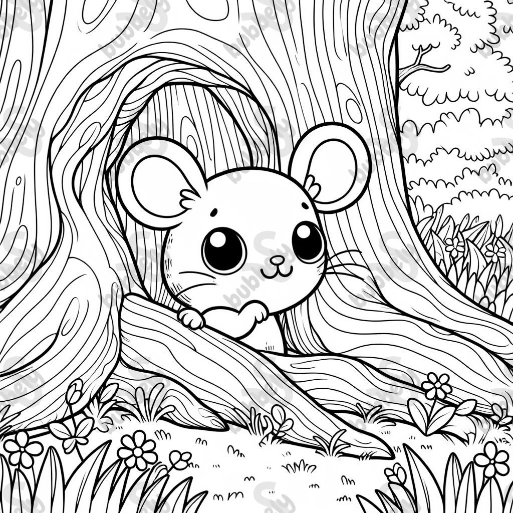Eine kleine Maus mit grossen Augen schaut aus der Wurzel eines Baumes hervor