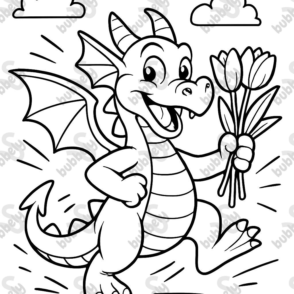 A dragon holding tulips.