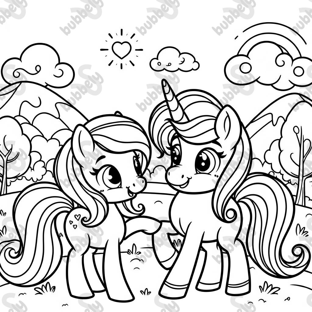 a pony and a unicorn being friends