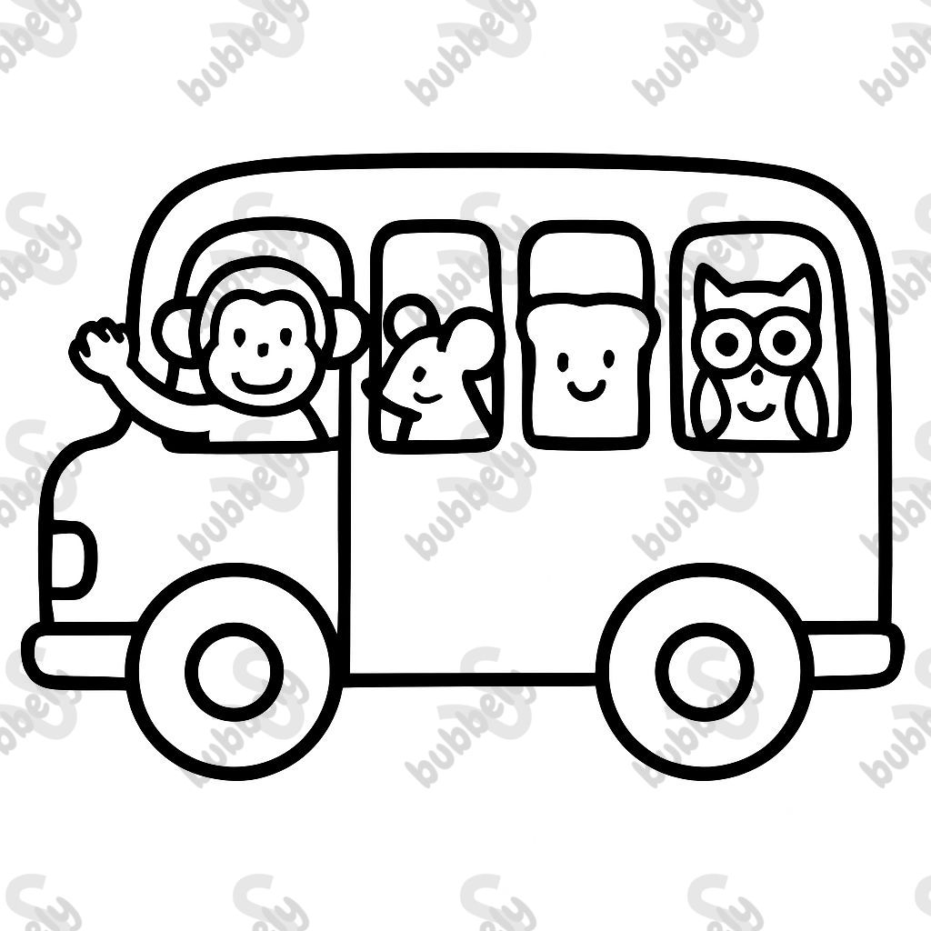 a school bus with a monkey, mouse, toast, and an owl a school bus with a monkey, mouse, toast, and an owl