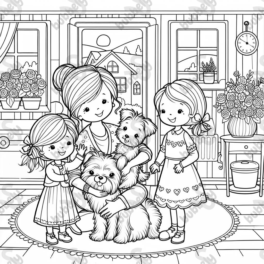 mother with two girls and a small terrier