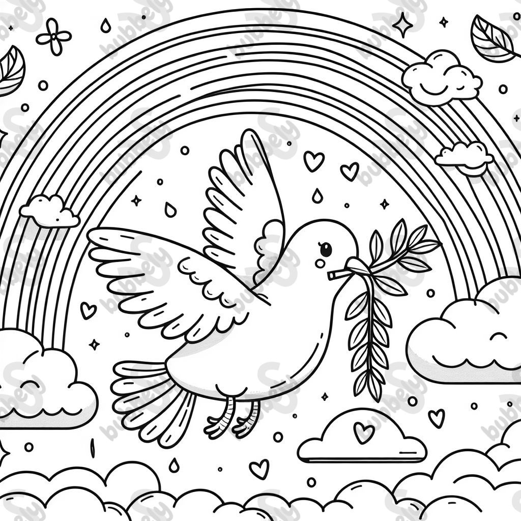 eine Taube mit Zweig im Schnabel vor einem Regenbogen
