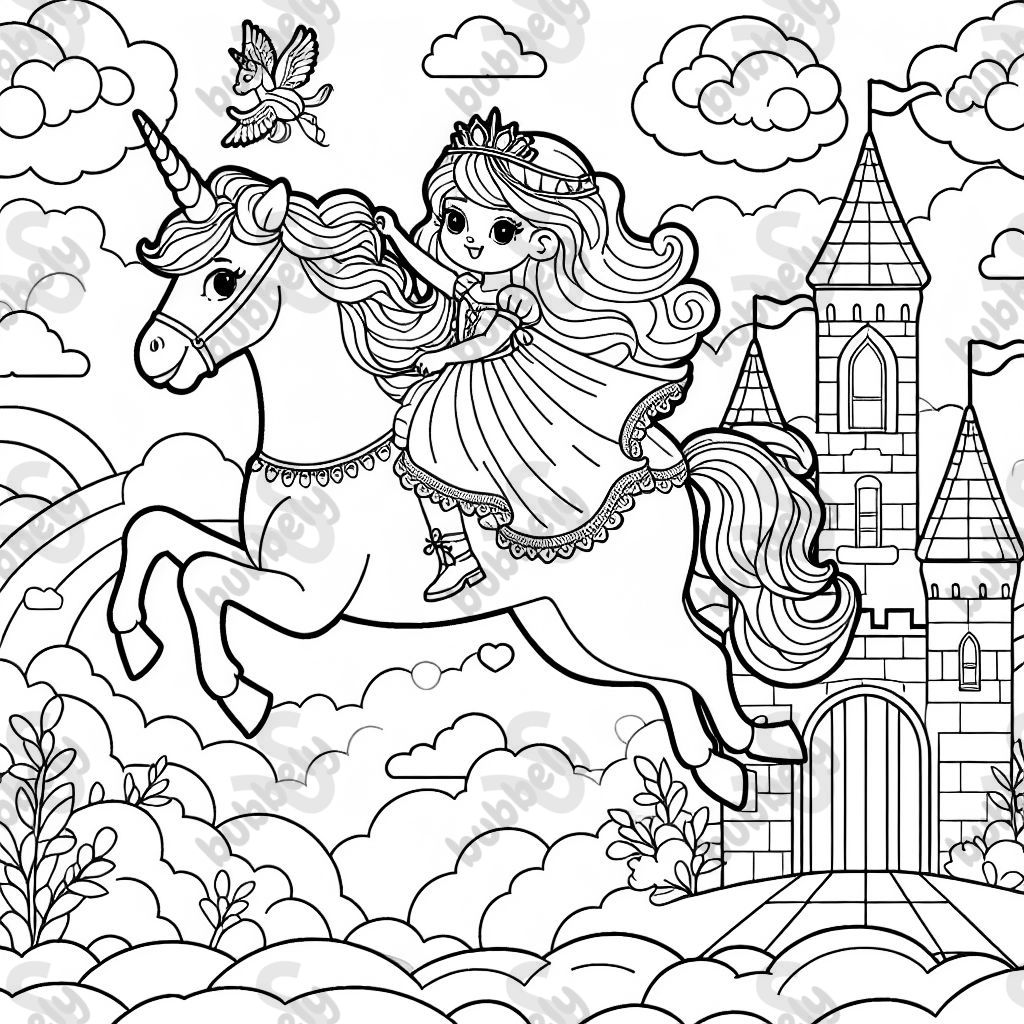 Eine Prinzessin, die auf einem Einhorn mit Flügeln reitet