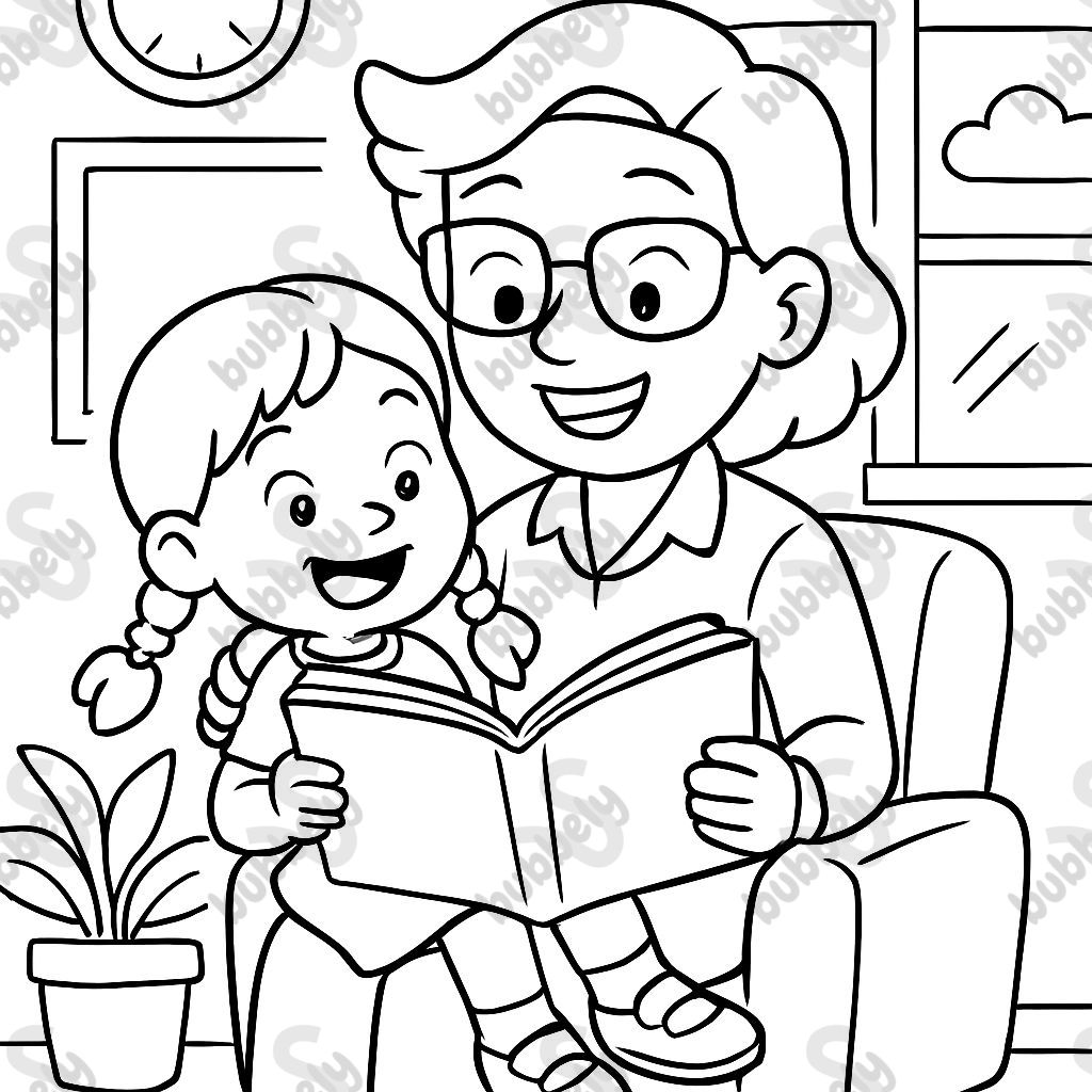 Girl with two braids sitting on teacher's lap and reading. The teacher has glasses.