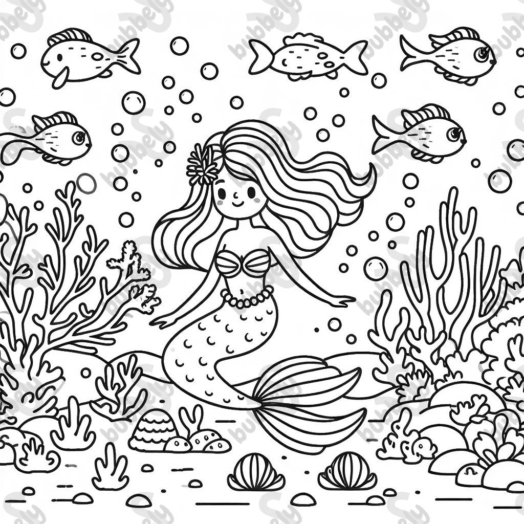 A mermaid in a colorful underwater world with a coral reef and many cheerful fish.