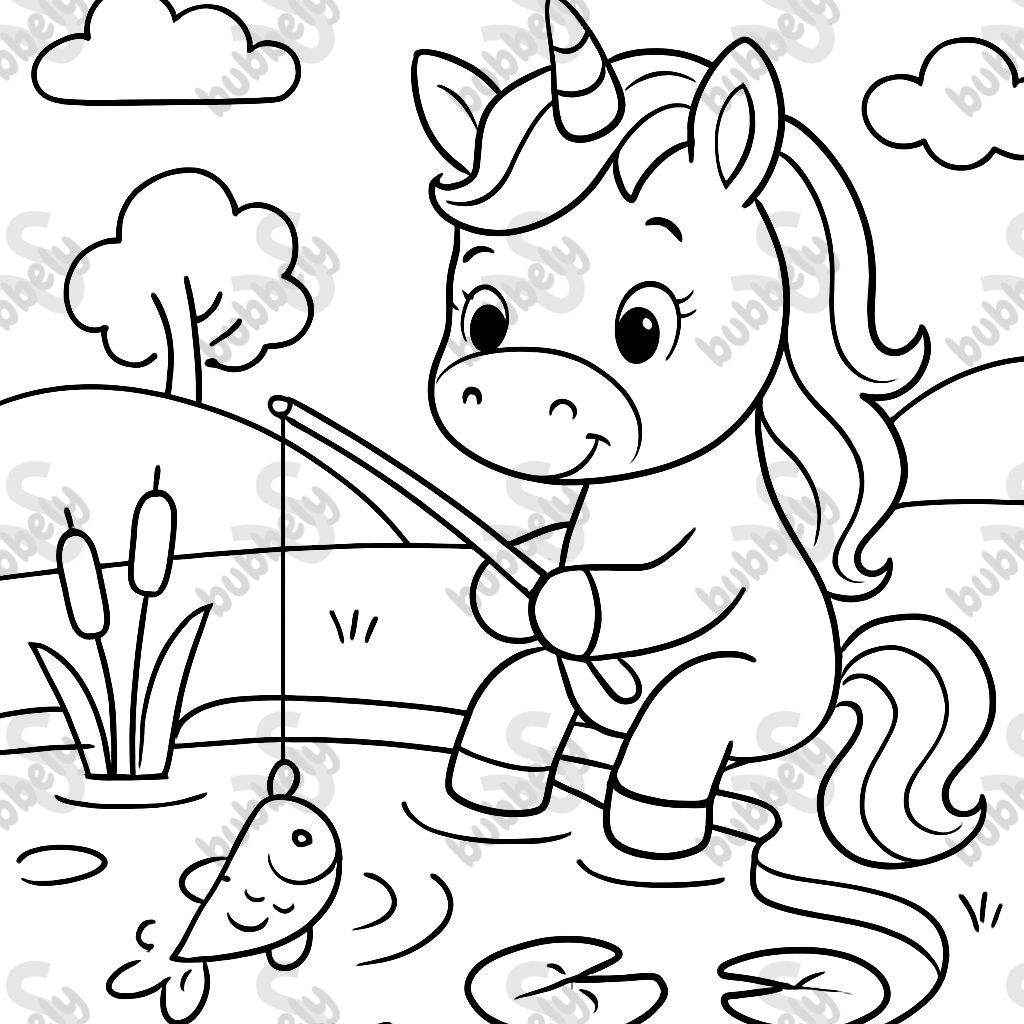 Une licorne pêchant dans un étang