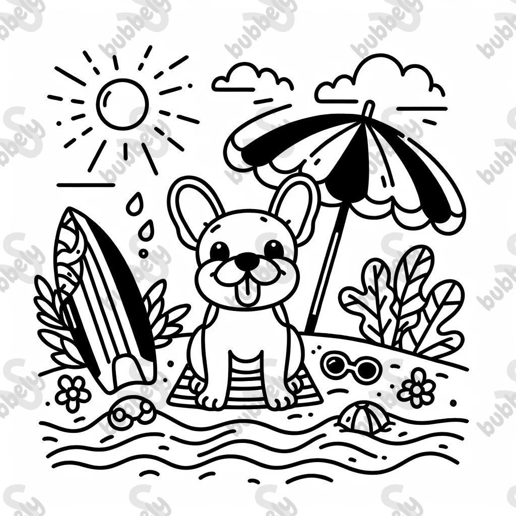 Cute design with bold lines featuring a french bulldog, the beach, a surfboard, a beach umbrella and waves