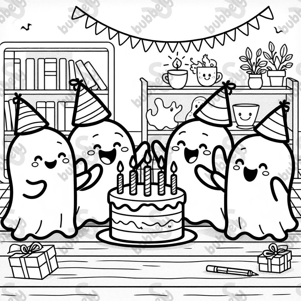 5 gespenster, die geburtstag feiern und einen kuchen mit 5 kerzen