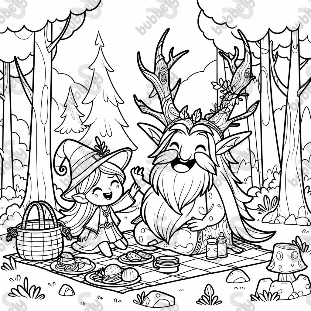 Baumgeist und Druidin freuen sich bei einem Picnic im Wald