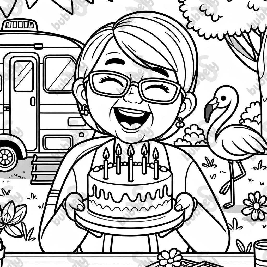 A older woman with short straight hair and glasses blowing out candles on a cake by a camper and flamingo