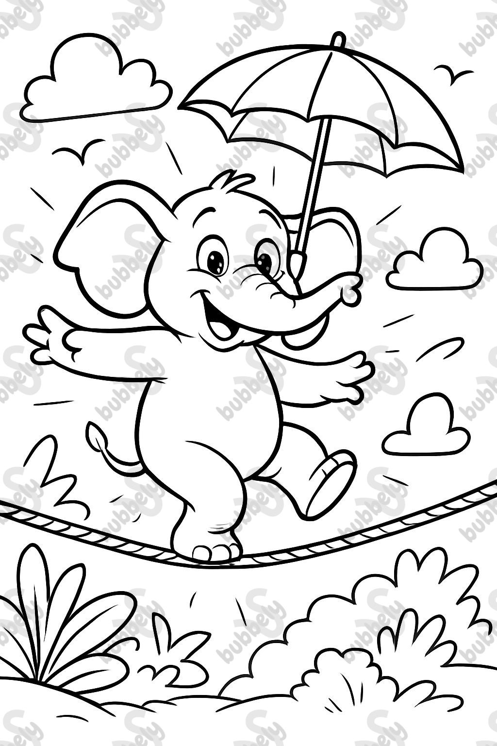 Elephant balancing on a tightrope with an umbrella in hand