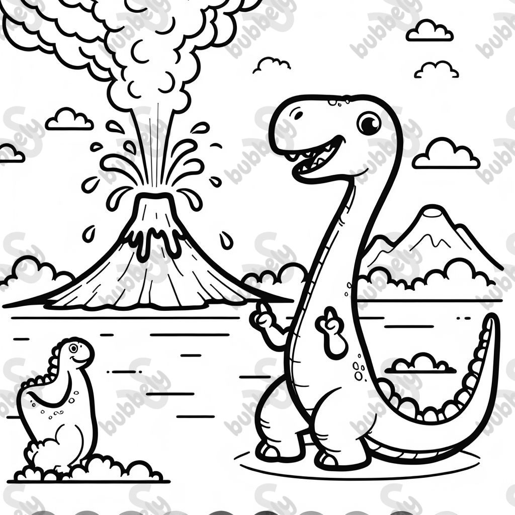 A friendly dinosaur with a long neck, with an erupting volcano in the background. A friendly dinosaur with a long neck, with an erupting volcano in the background.