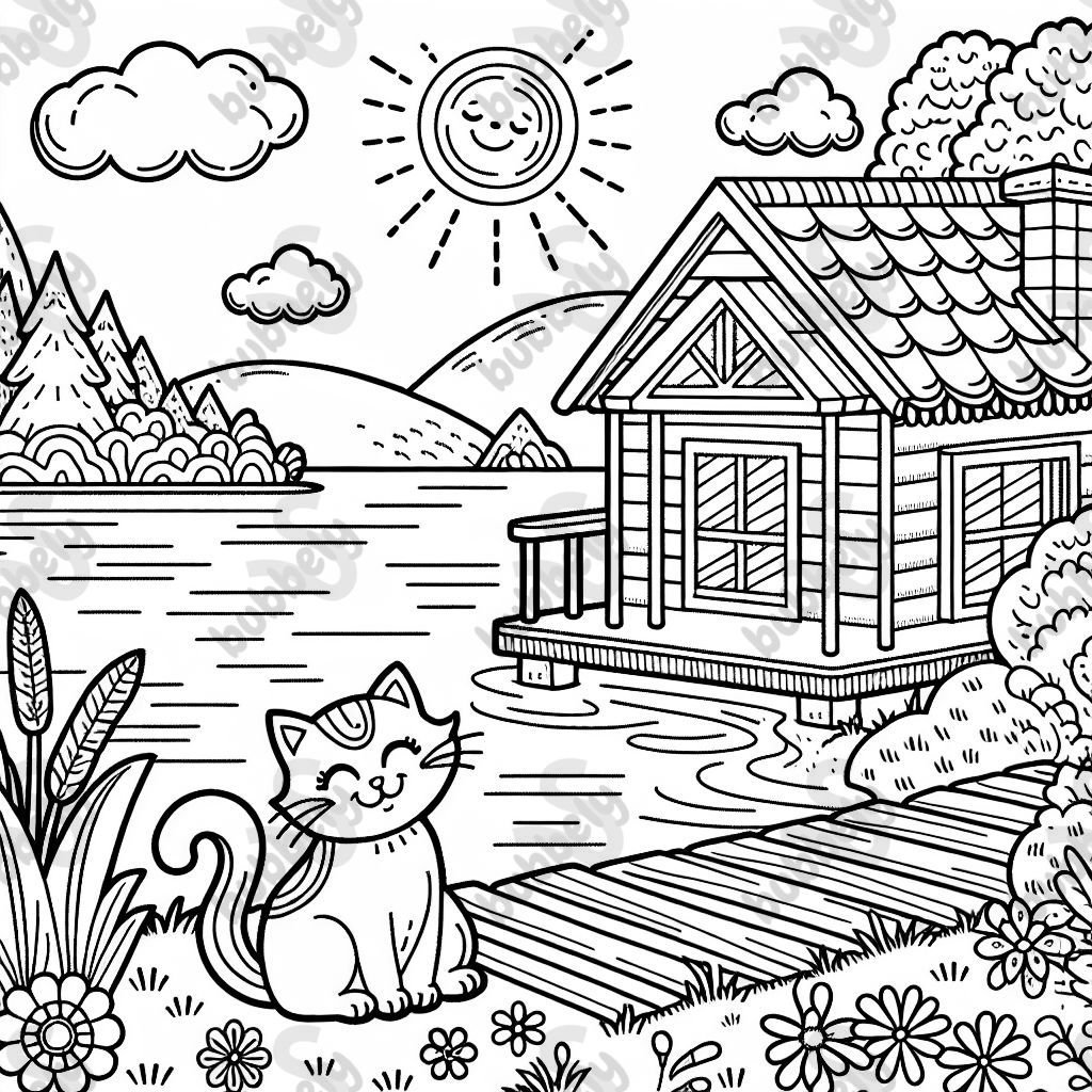 a lake side house with a cat on the porch 