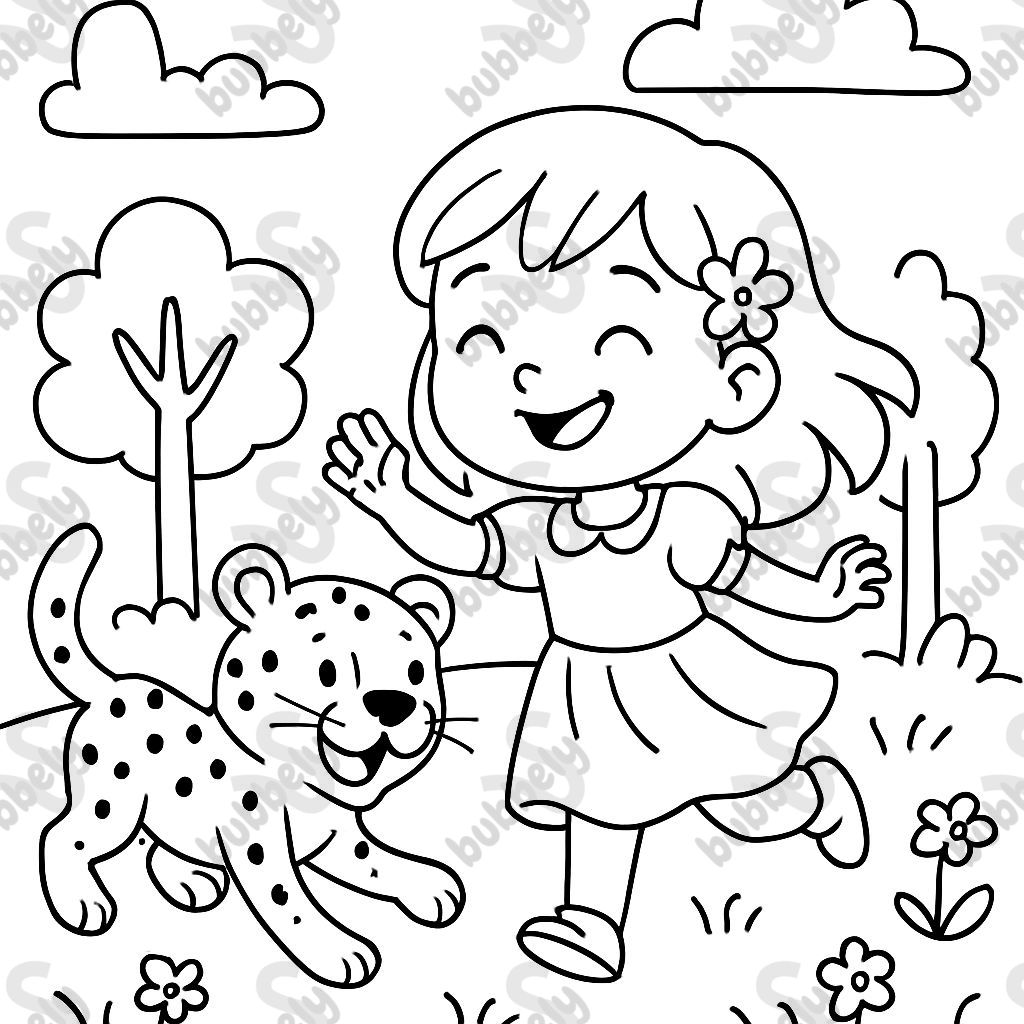 A 5 year old girl wearing a pretty dress playing with a cheetah.