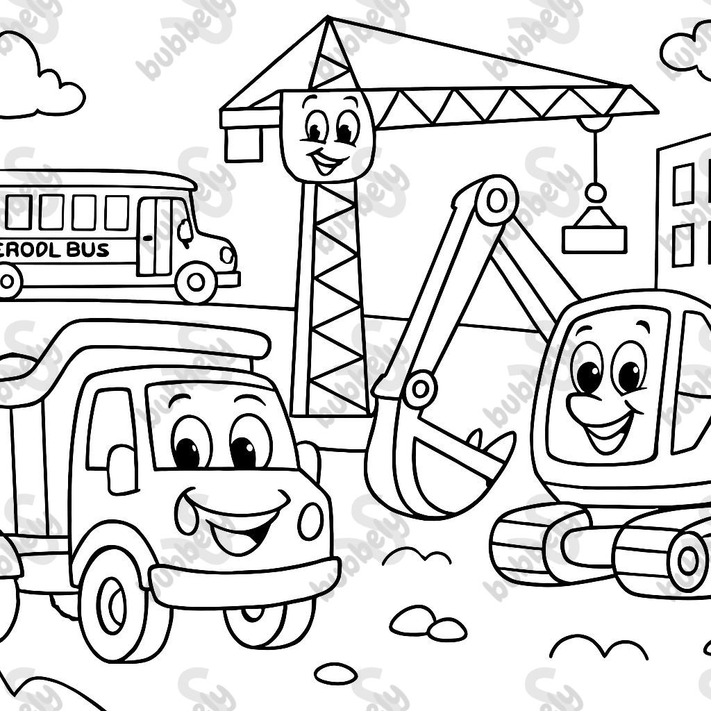 A dump truck, crane and excavator on a building site, as a school bus drives by. A dump truck, crane and excavator on a building site, as a school bus drives by.
