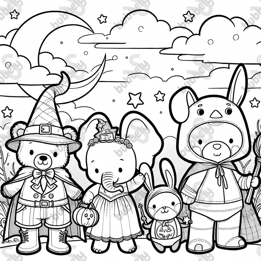 4 animals wearing halloween costumes