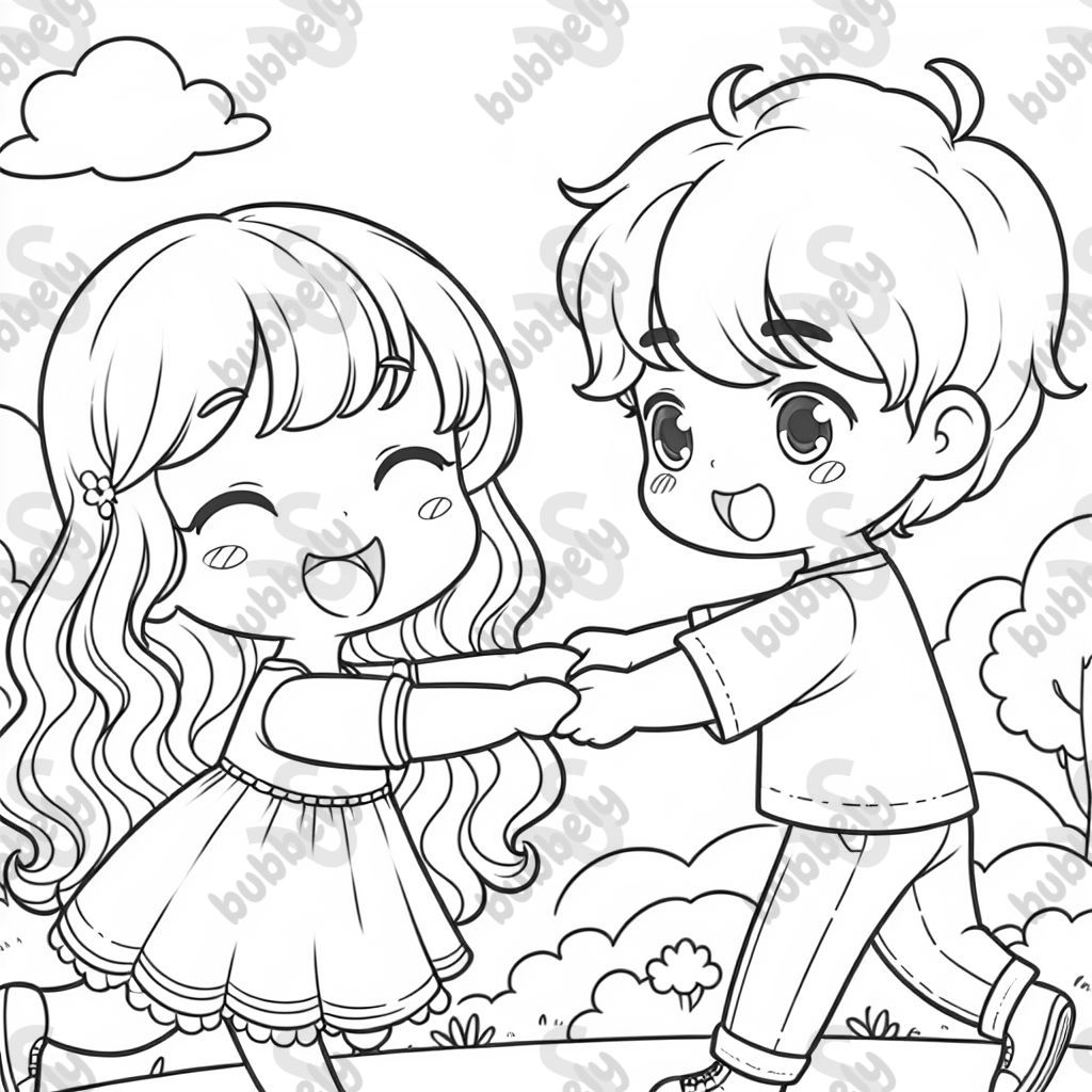 a girl with long hair and bangs holding hands with a guy with short curly hair that covers his forehead