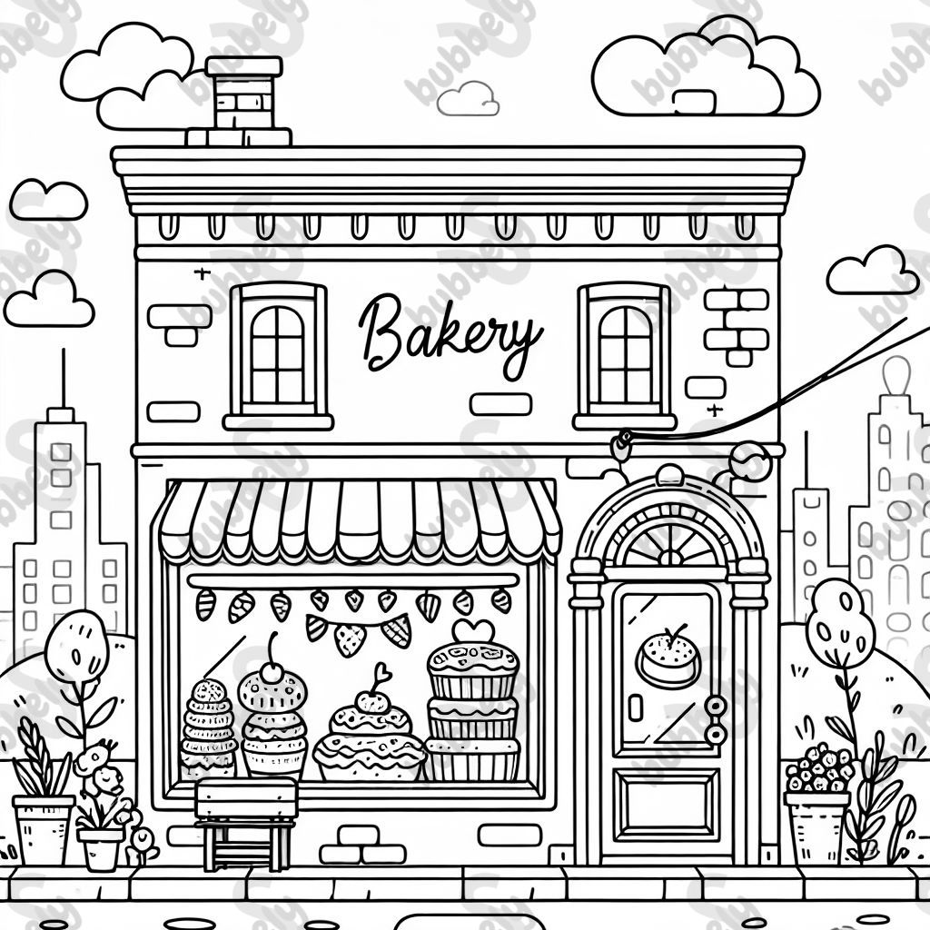 A small bakery with plants. It is a mixture of a New York shop and a cottage core bakery.