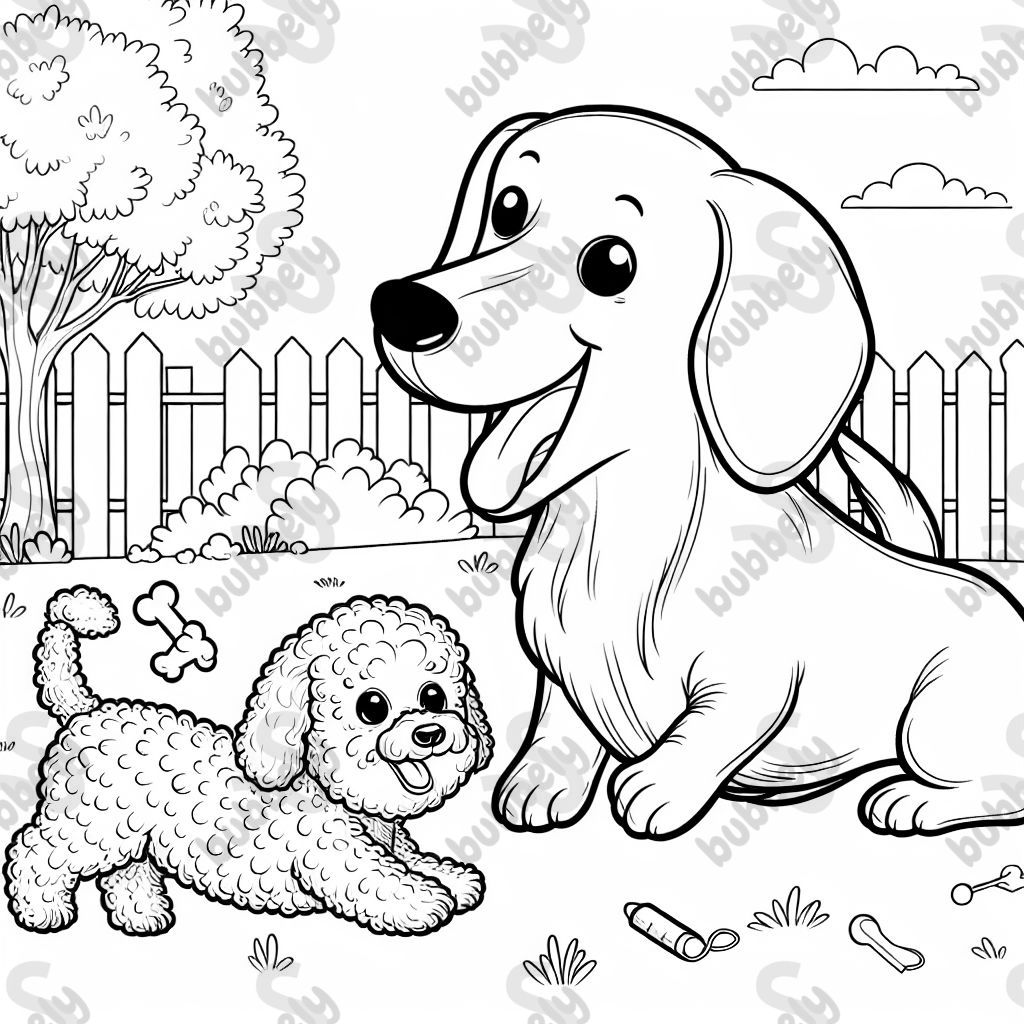 A dachshund and a bichon frise playing outside happy.