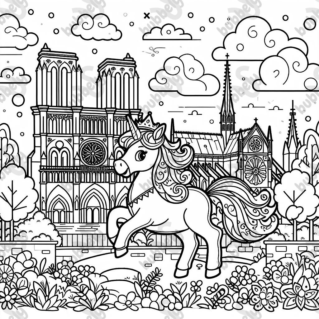 Licorne Notre Dame, une belle page de coloriage avec une licorne magique devant la célèbre cathédrale Notre Dame. Licorne Notre Dame, une belle page de coloriage avec une licorne magique devant la célèbre cathédrale Notre Dame.