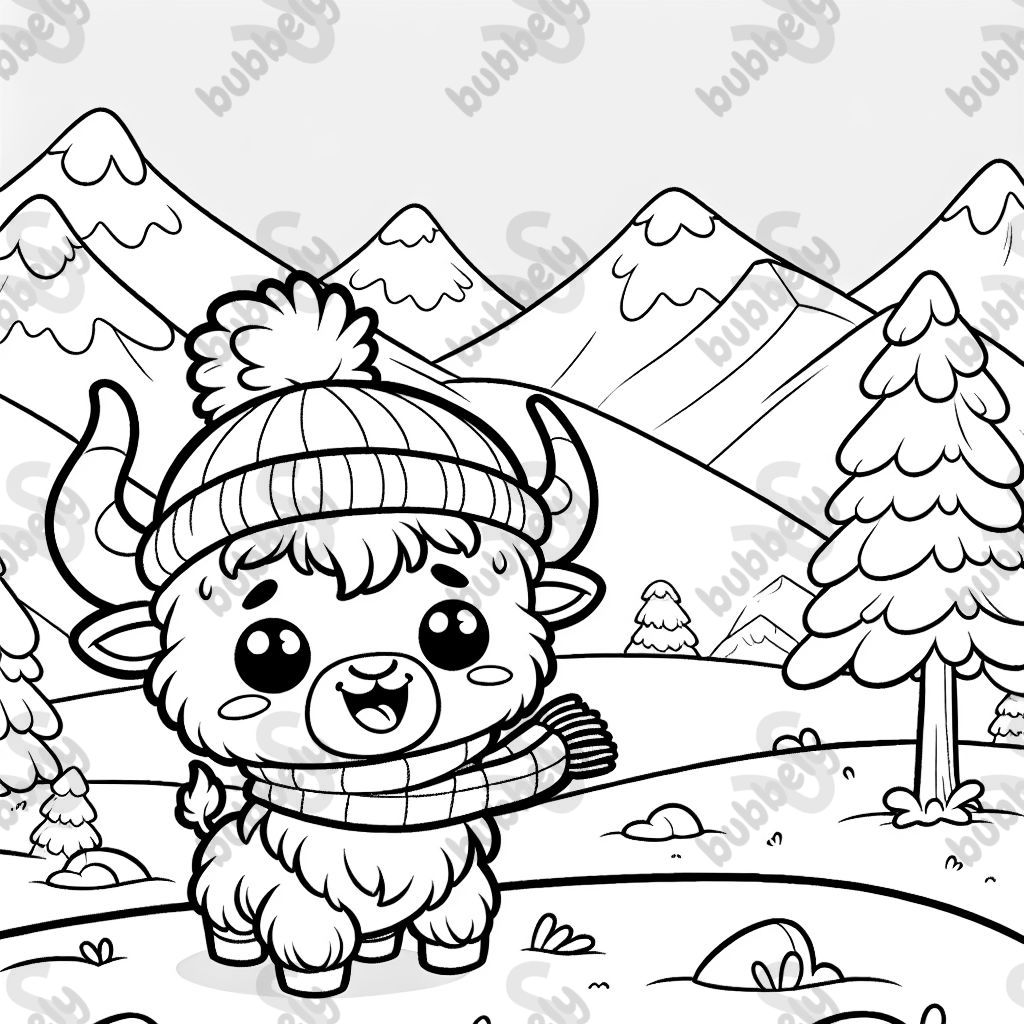 small yak wearing a beanie and scarf in the snowy mountains