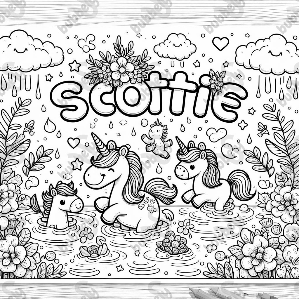 le nom Scottie avec des licornes, des fleurs et de la natation