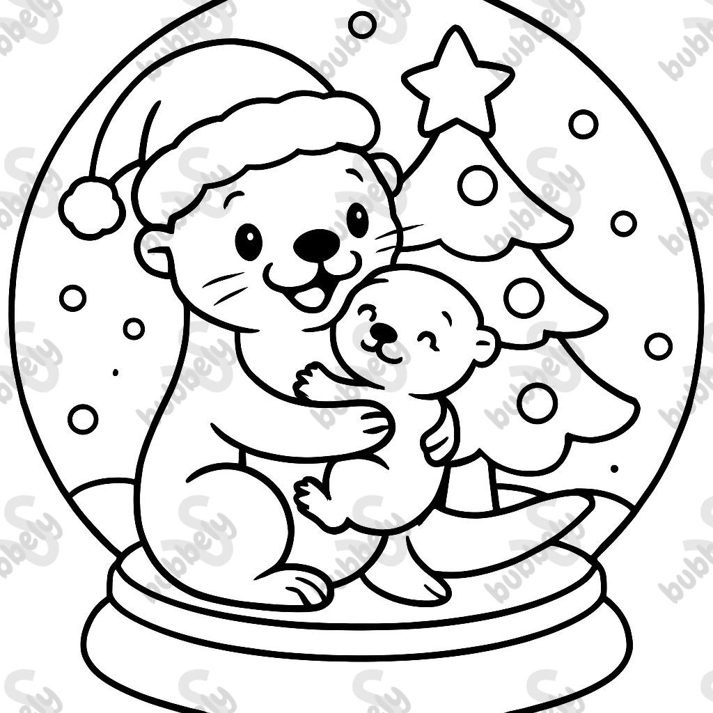 an otter with a baby and Christmas hat and Christmas tree in a snow globe.