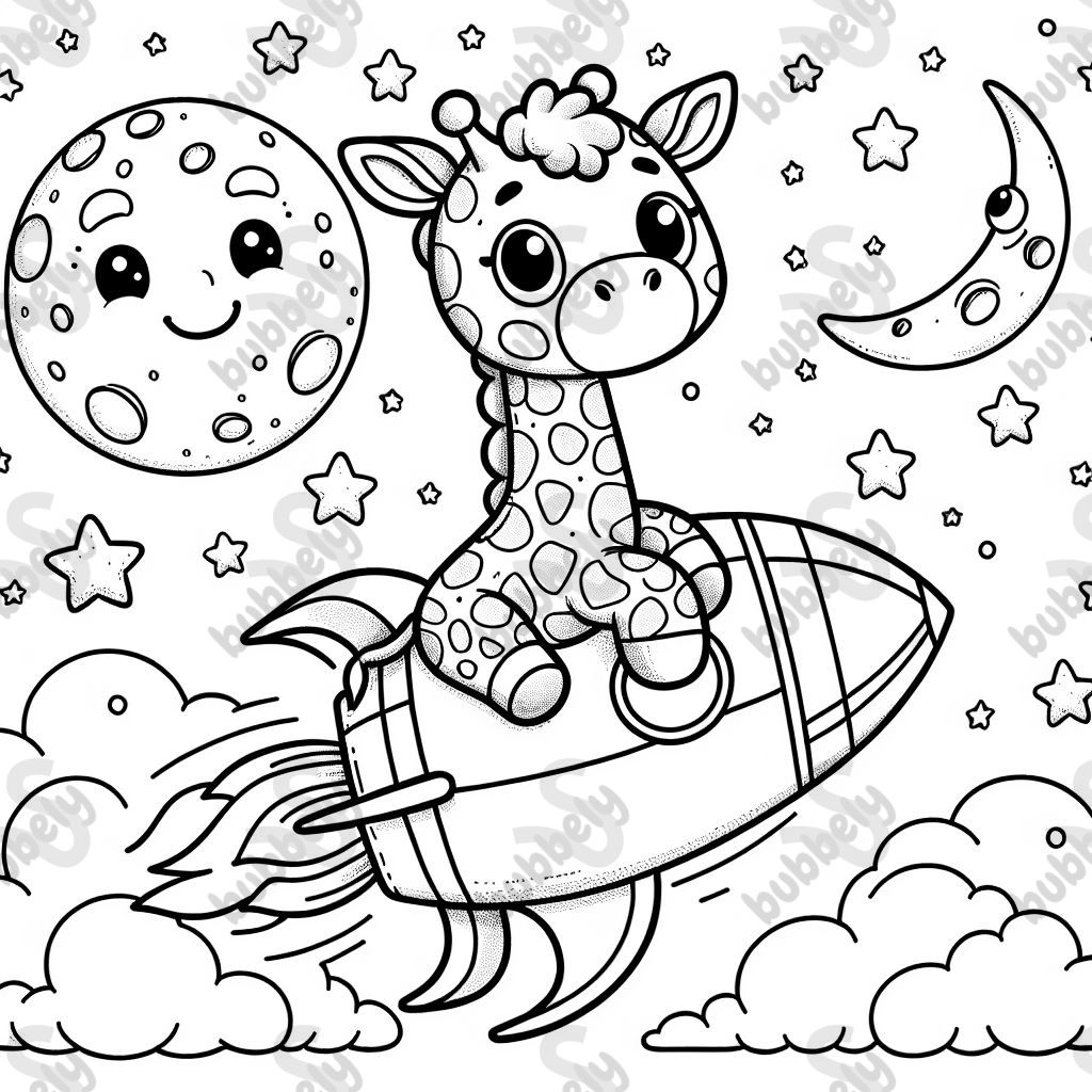 Eine Giraffe, die auf einer Rakete sitzt und zum Mond fliegt