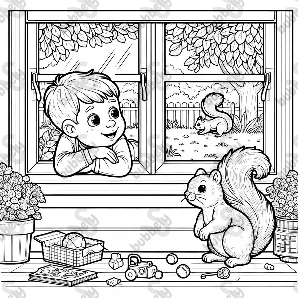 Un jeune garçon regardant par une grande fenêtre un écureuil jouant dehors. Un jeune garçon regardant par une grande fenêtre un écureuil jouant dehors.