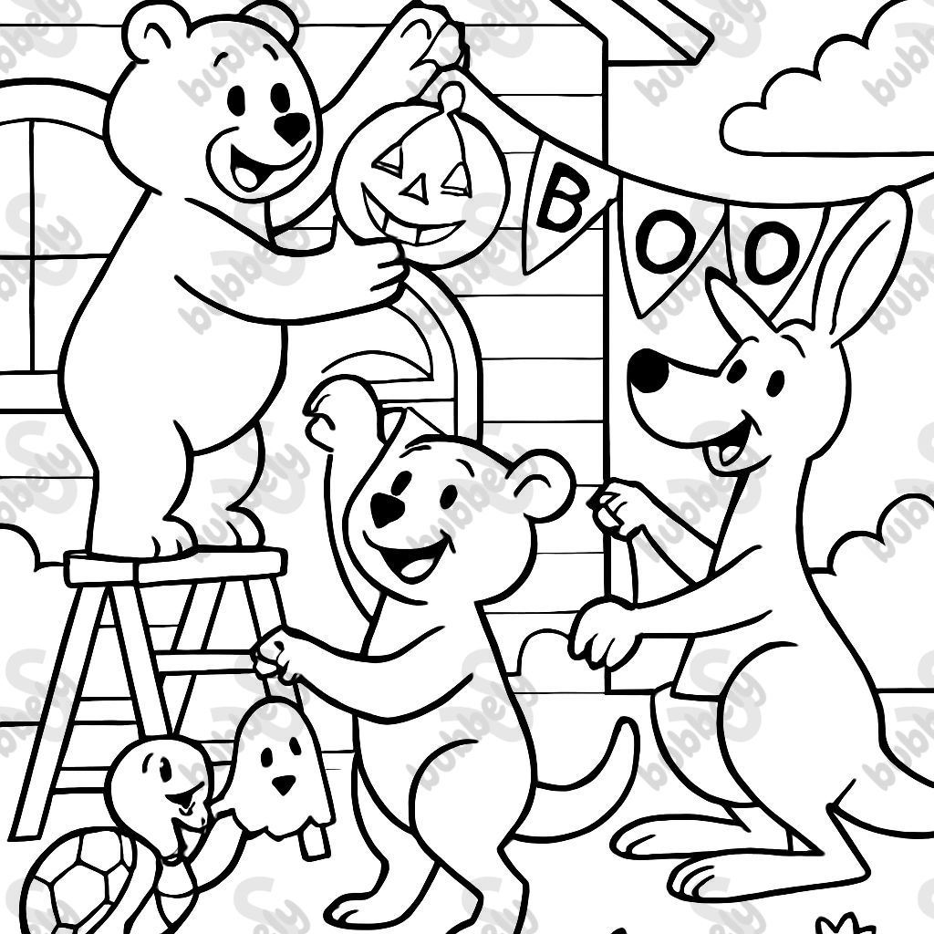 2 bears, a kangaroo, and a turtle putting up halloween decorations. 2 bears, a kangaroo, and a turtle putting up halloween decorations.