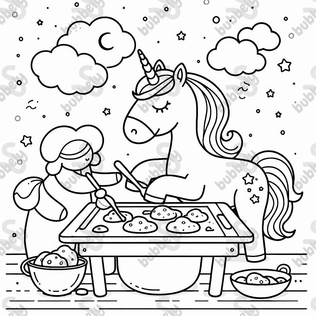 A unicorn baking cookies