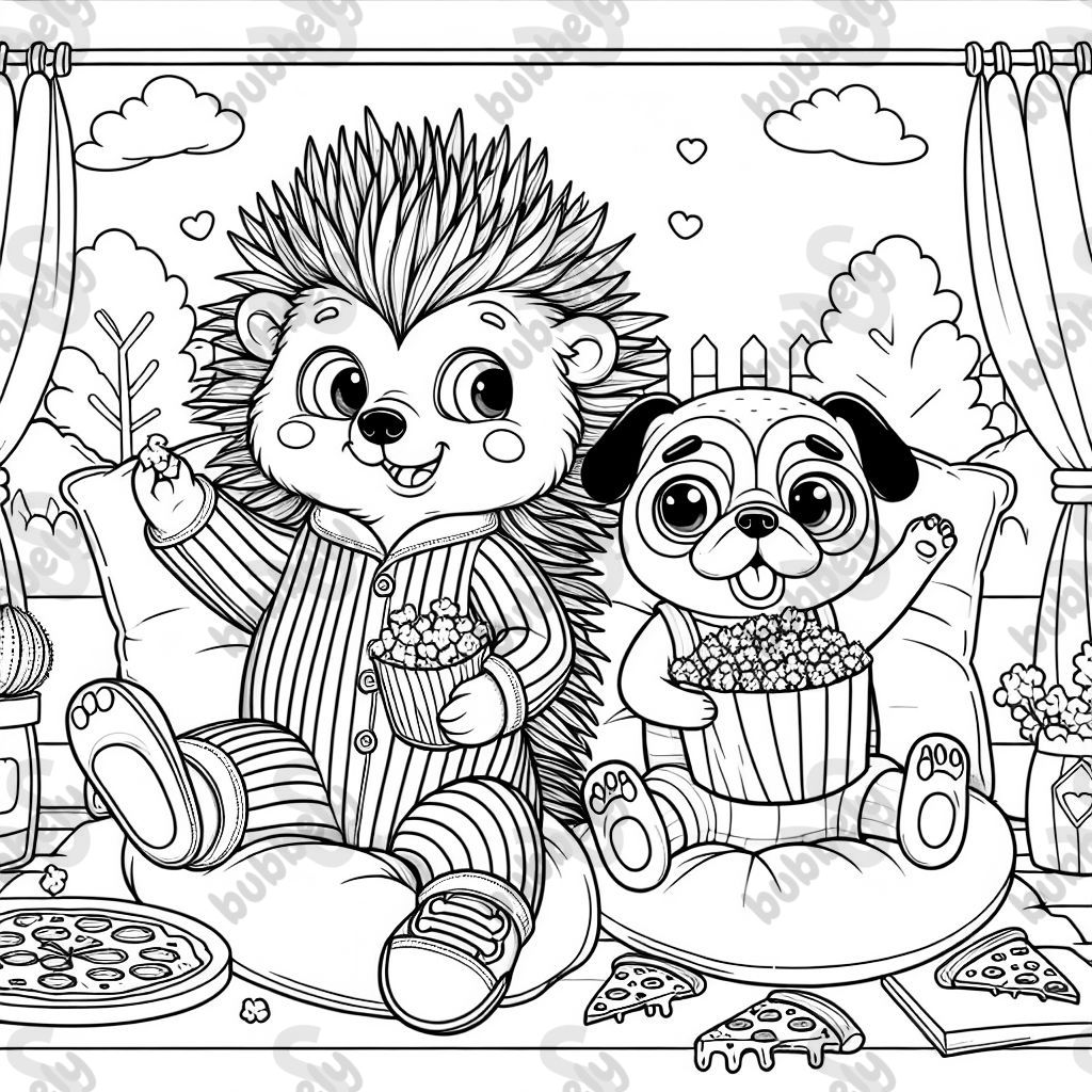 porcupine with a pug having popcorn and pizza in pajamas and pillows