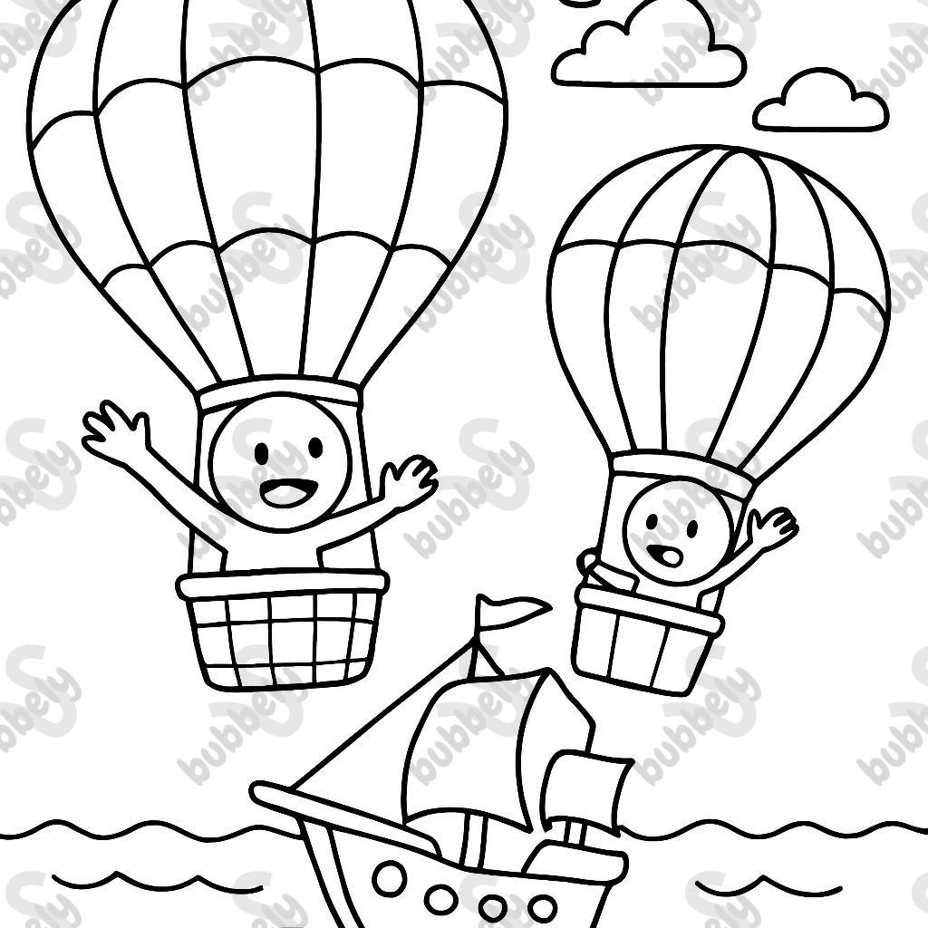 2 ballons à air chaud dans le ciel au-dessus de la mer avec un bateau sans visages