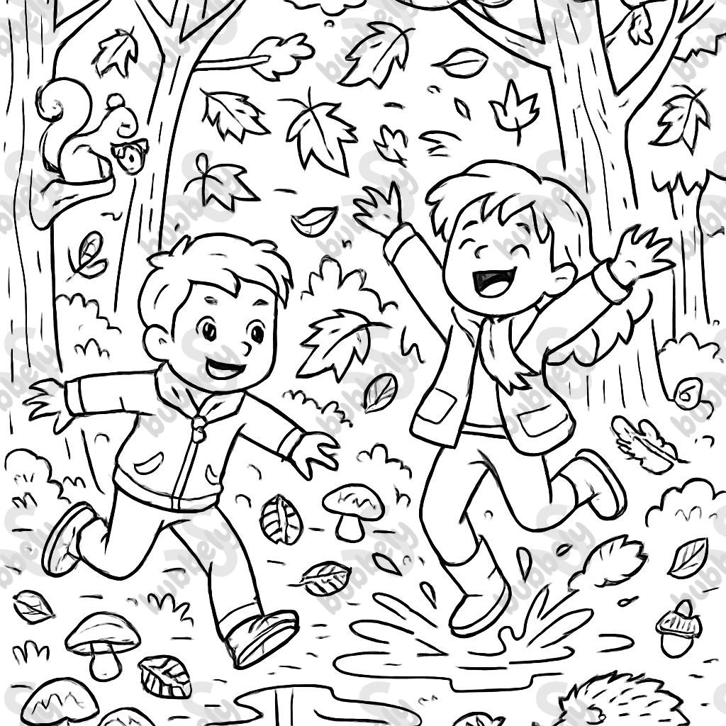 Autumn forest with trees, leaves, mushrooms, pine cones, acorns, children playing, squirrels, hedgehogs, puddles.