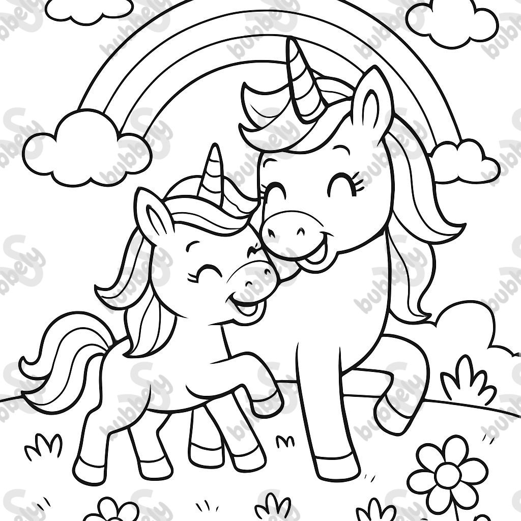 Baby unicorn with her mom under rainbow