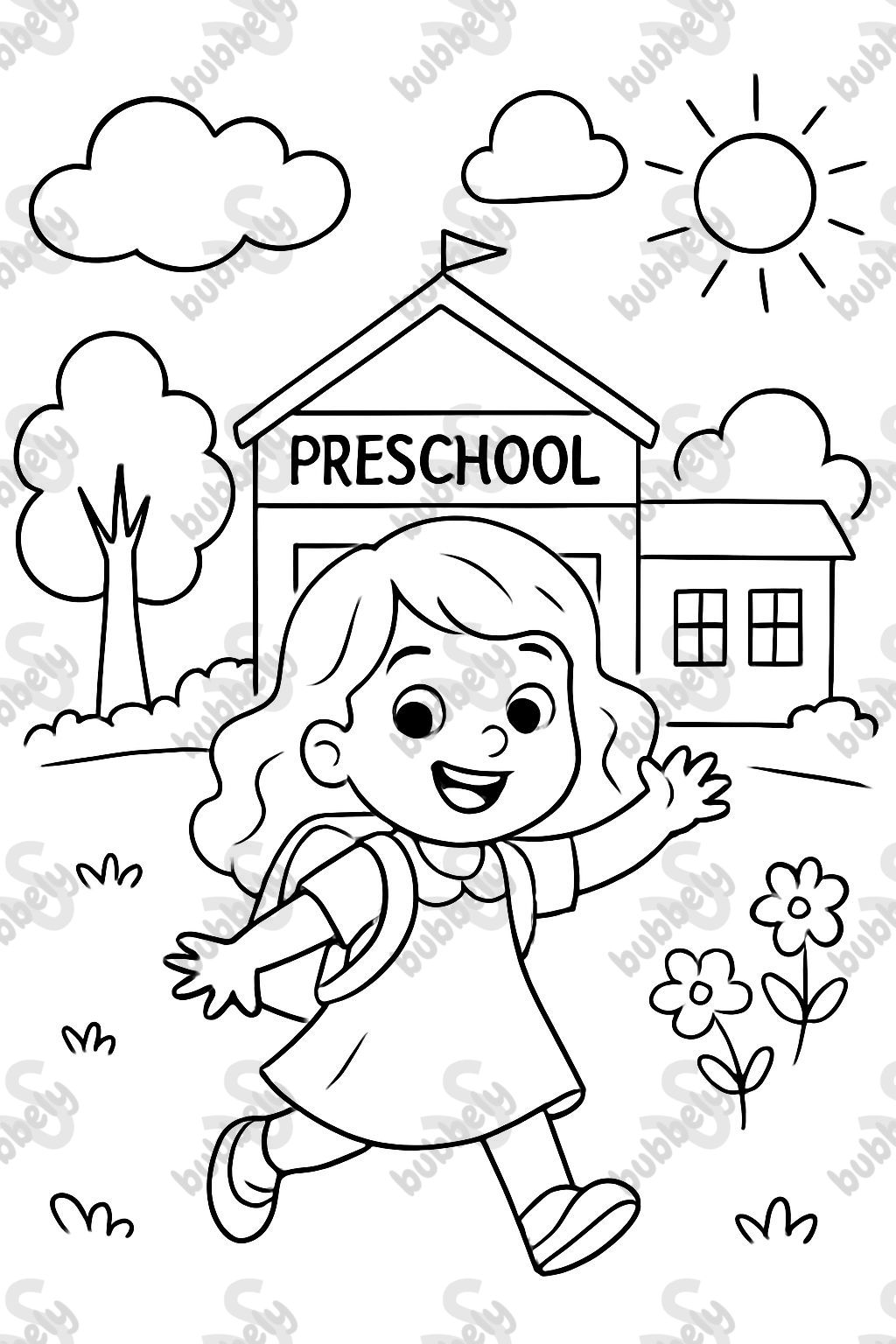 Primer día de preescolar. Niña pequeña con cabello ondulado, vestida con un vestido.