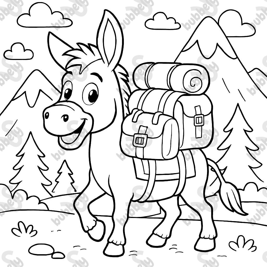 a donkey with luggage in the mountains