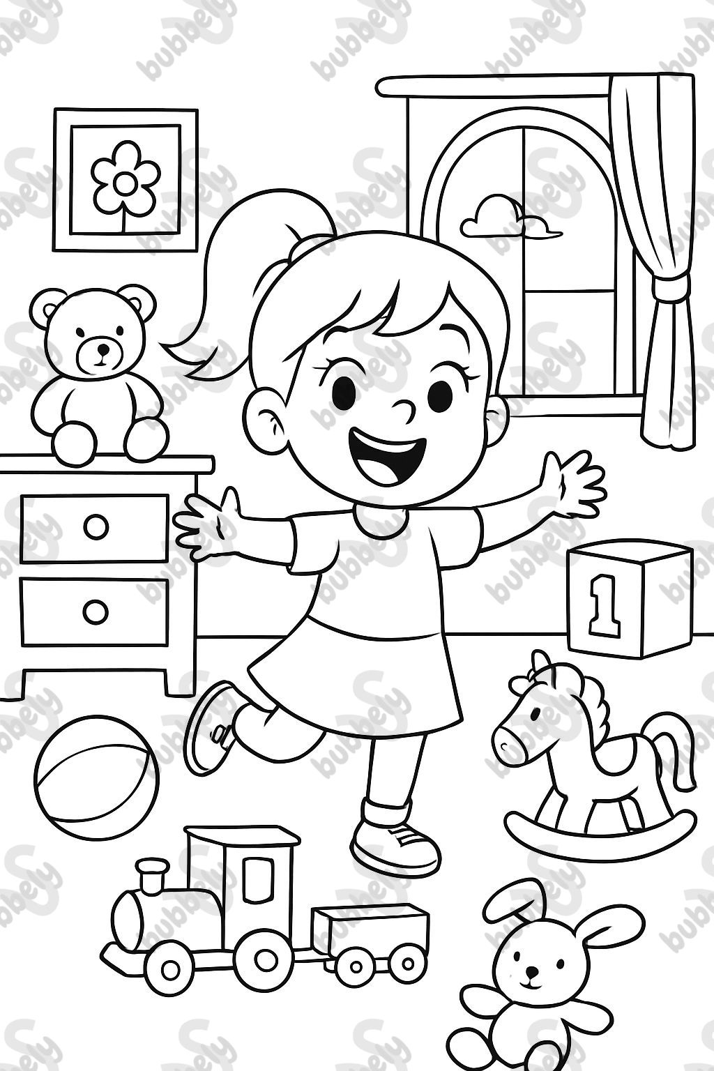 6 year old girl with a ponytail in her room full of toys 6 year old girl with a ponytail in her room full of toys