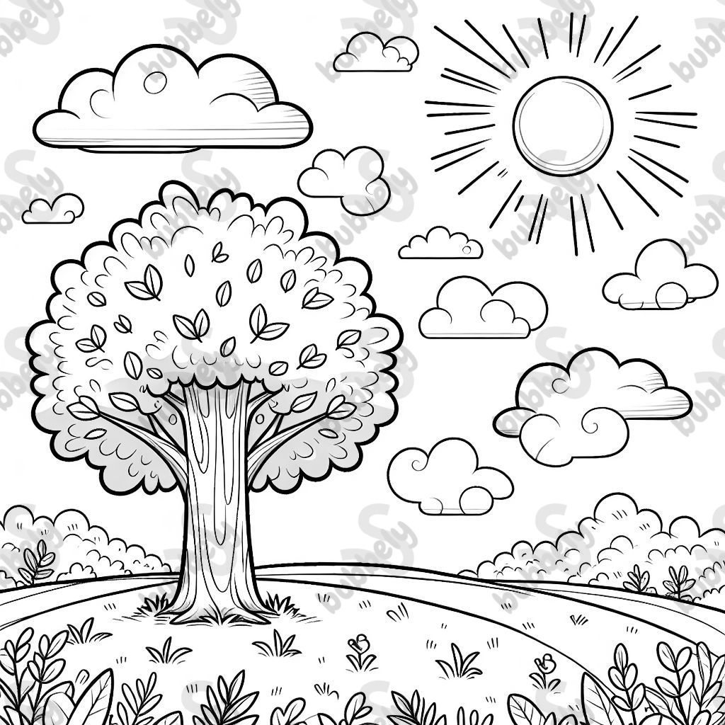 einen Baum auf einer Wiese. An dem Baum hängen nur Blätter. Am Himmel sollen ein paar Wolken sein und die Sonne.