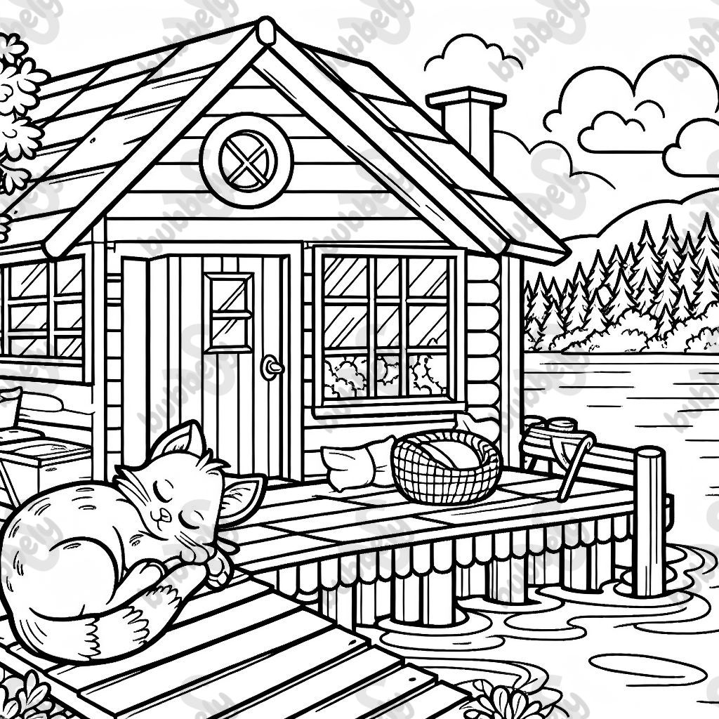 a lakeside cabin with a cat sleeping 