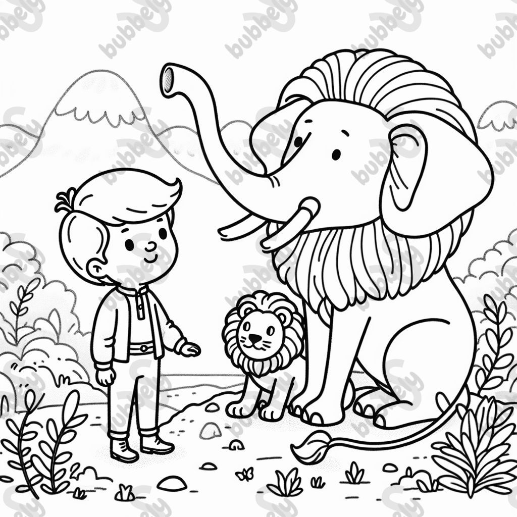 ein junge, ein löwe und ein elefant