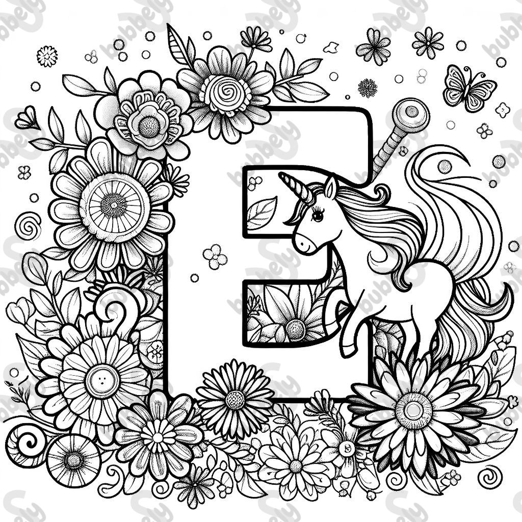 The Letter E surrounded by flowers and a unicorn