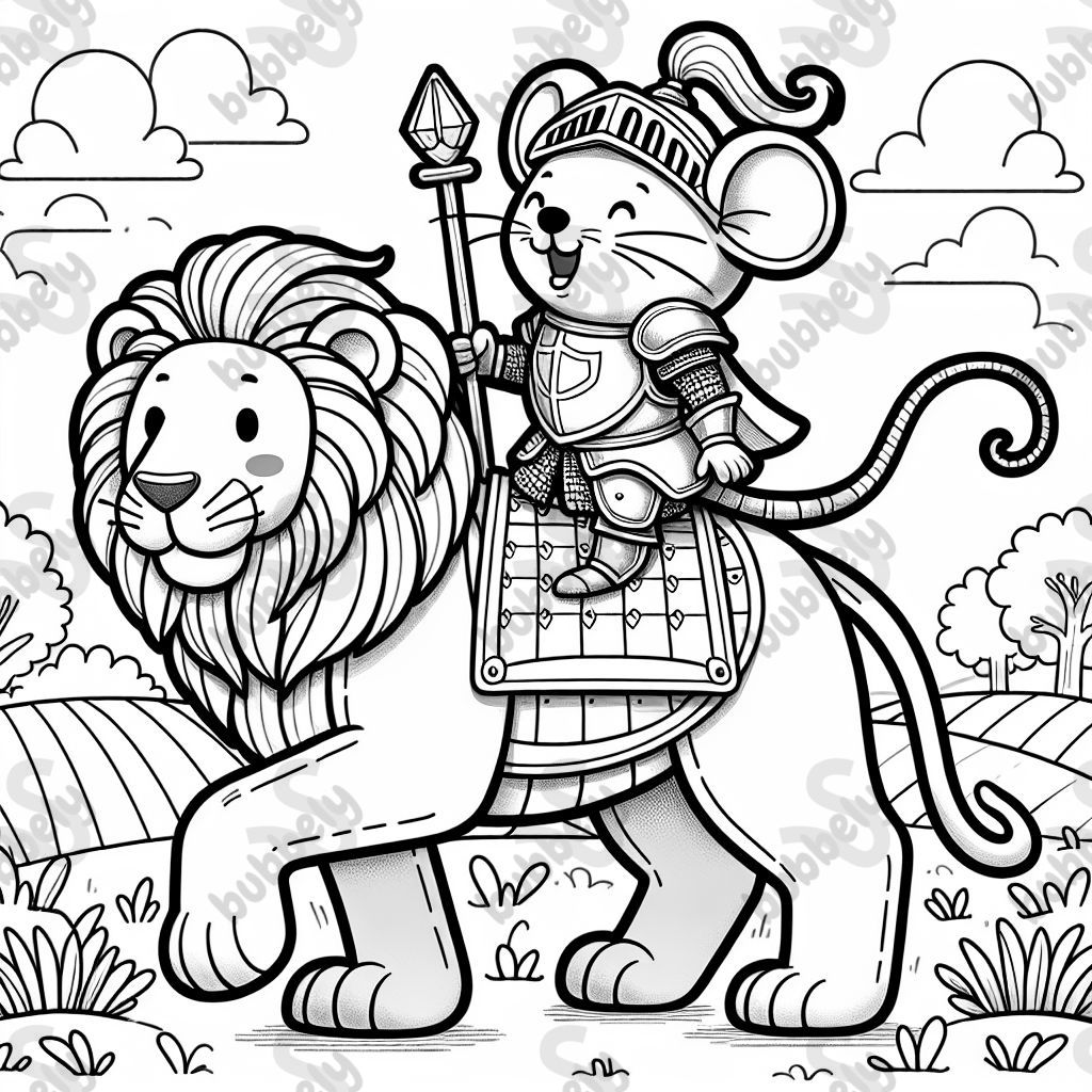 Maus in einer Ritterrüstin auf einem Löwen reitend