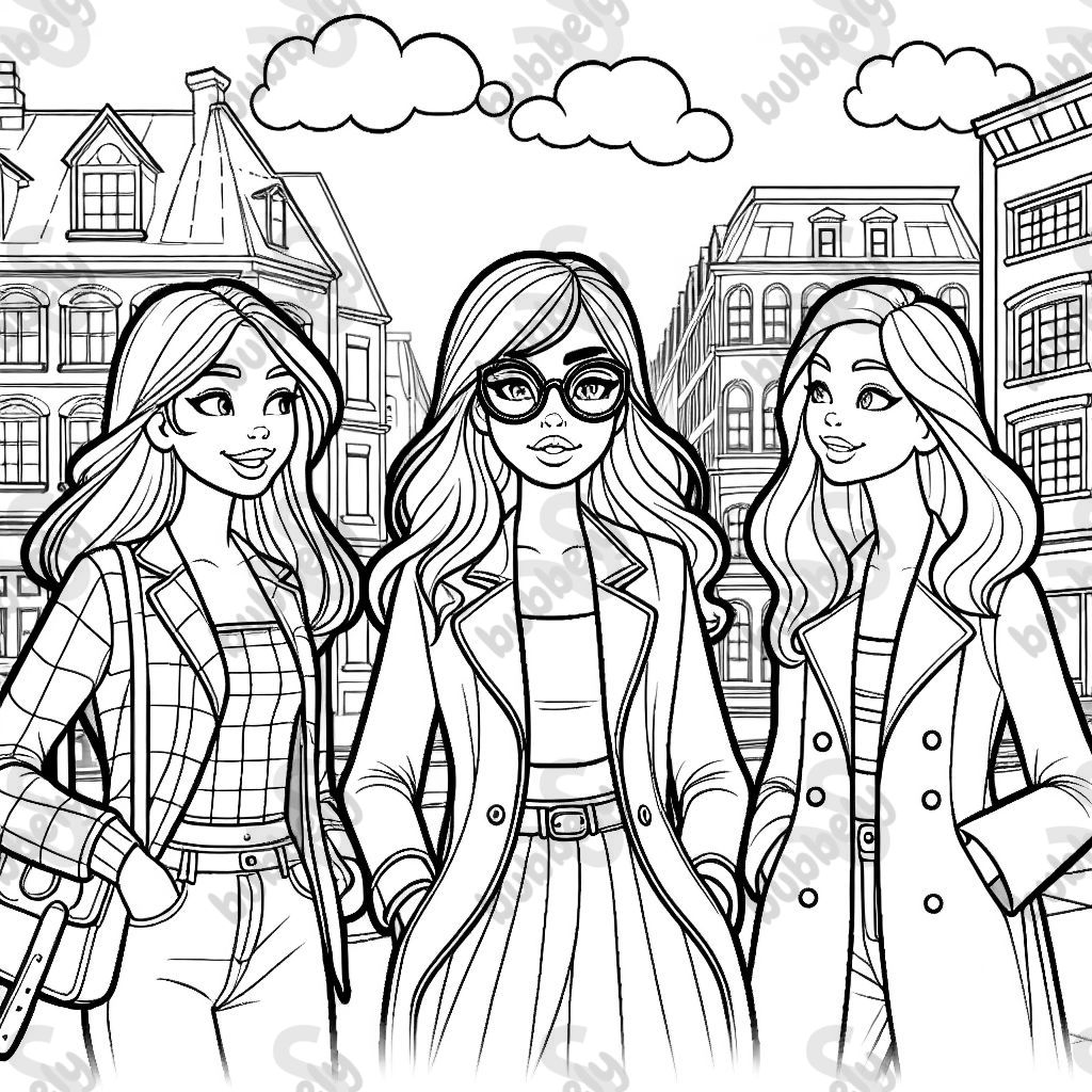 3 young women are walking through the city and talking. 2 women with long brown hair, one with shoulder-length blonde hair and large glasses
