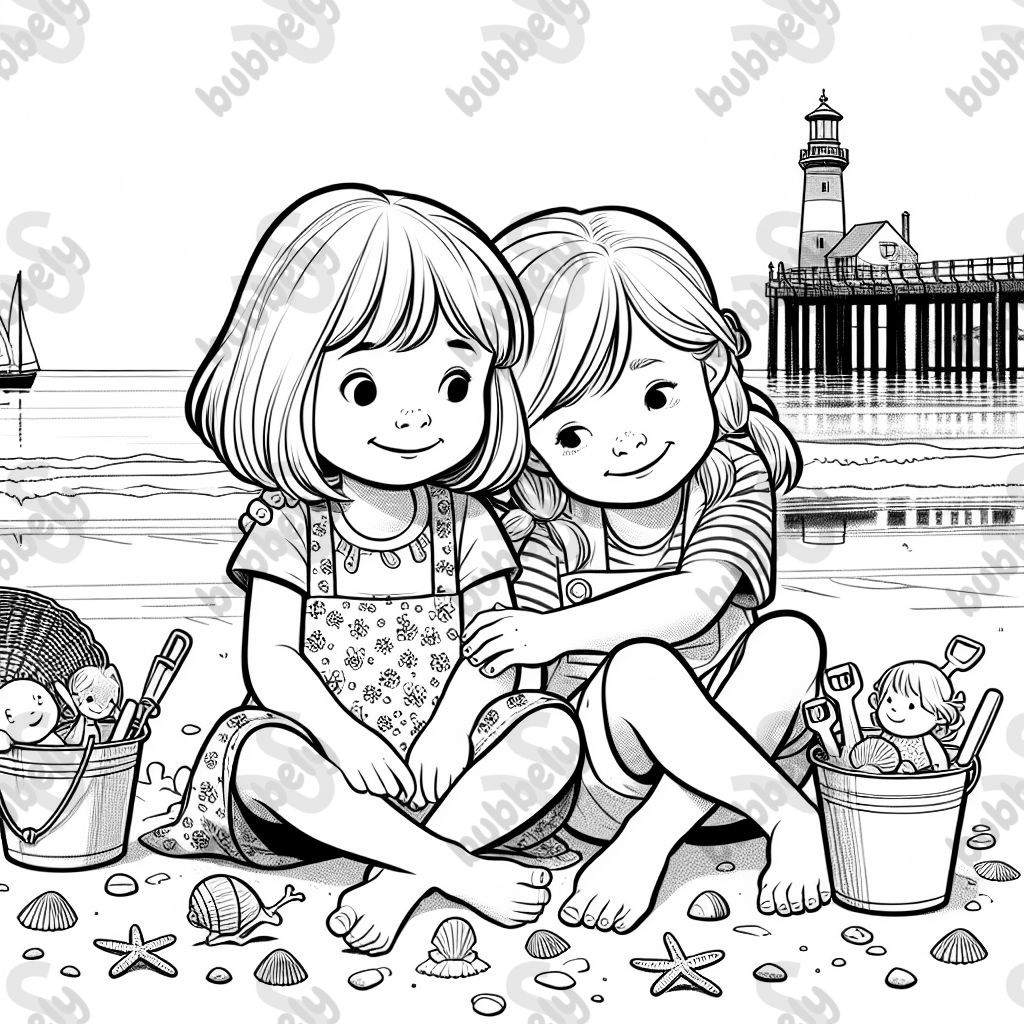 Fille blonde de neuf ans et fille blonde de quatre ans se câlinent sur la plage de la mer du Nord Fille blonde de neuf ans et fille blonde de quatre ans se câlinent sur la plage de la mer du Nord