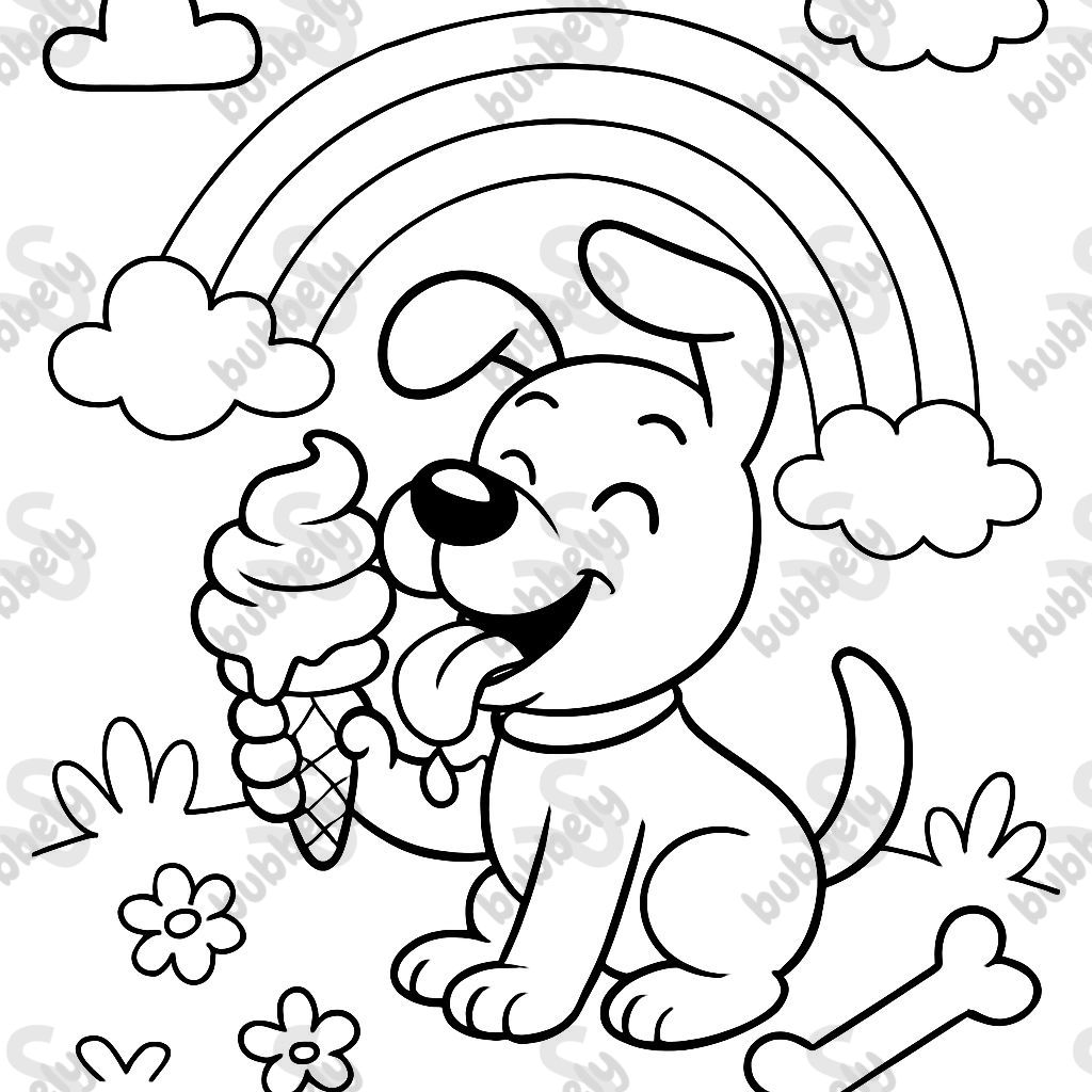 funny dog eating icecream, black bone and rainbow