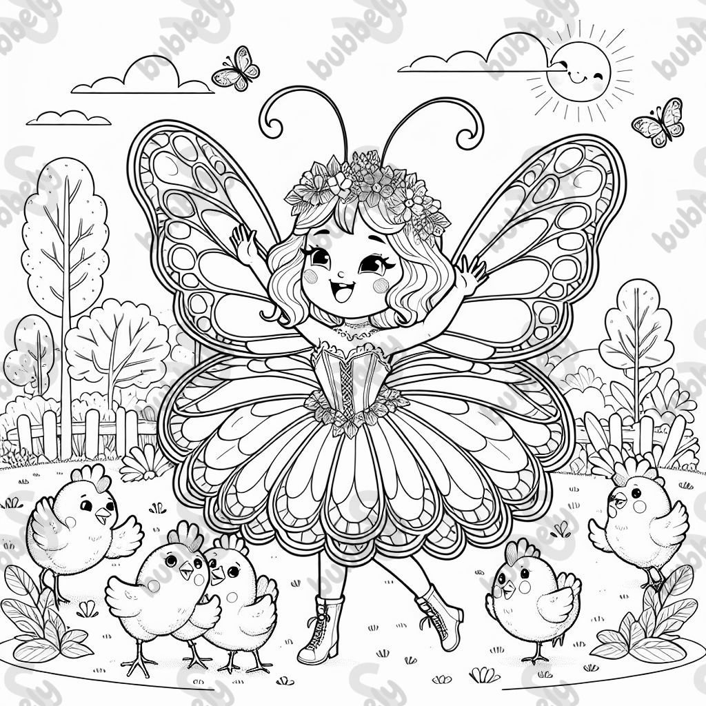 A young girl in a butterfly costume surrounded by chickens.