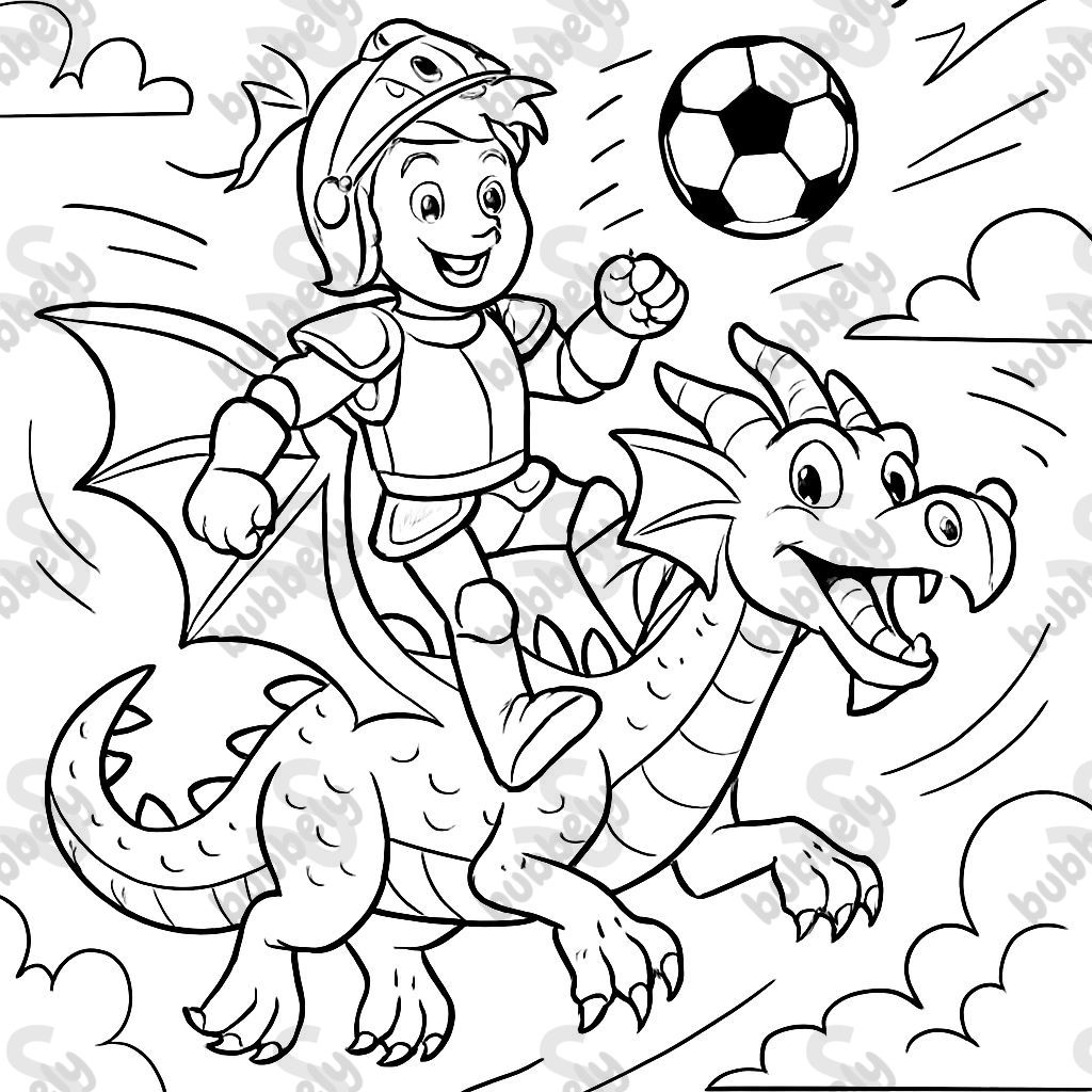 A boy sitting on a dragon in a knight costume playing soccer